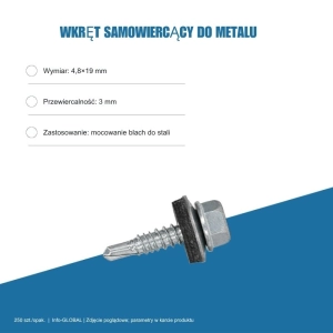 Wkręt samowiercący do metalu 4,8x19 mm, przewiercalność 3 mm, EPDM, 250 szt. – ocynk bez lakieru